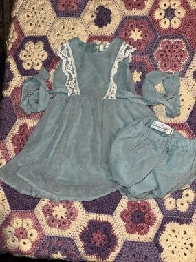 Marie Nicole Boutique Light Blue Swiss Dot Baby Dress with Bloomers